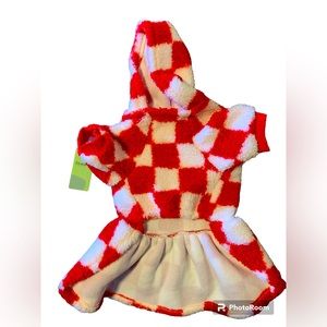Fitwarm Sherpa dog sweater . Red & white check . Ruffle on back . Hooded Lge